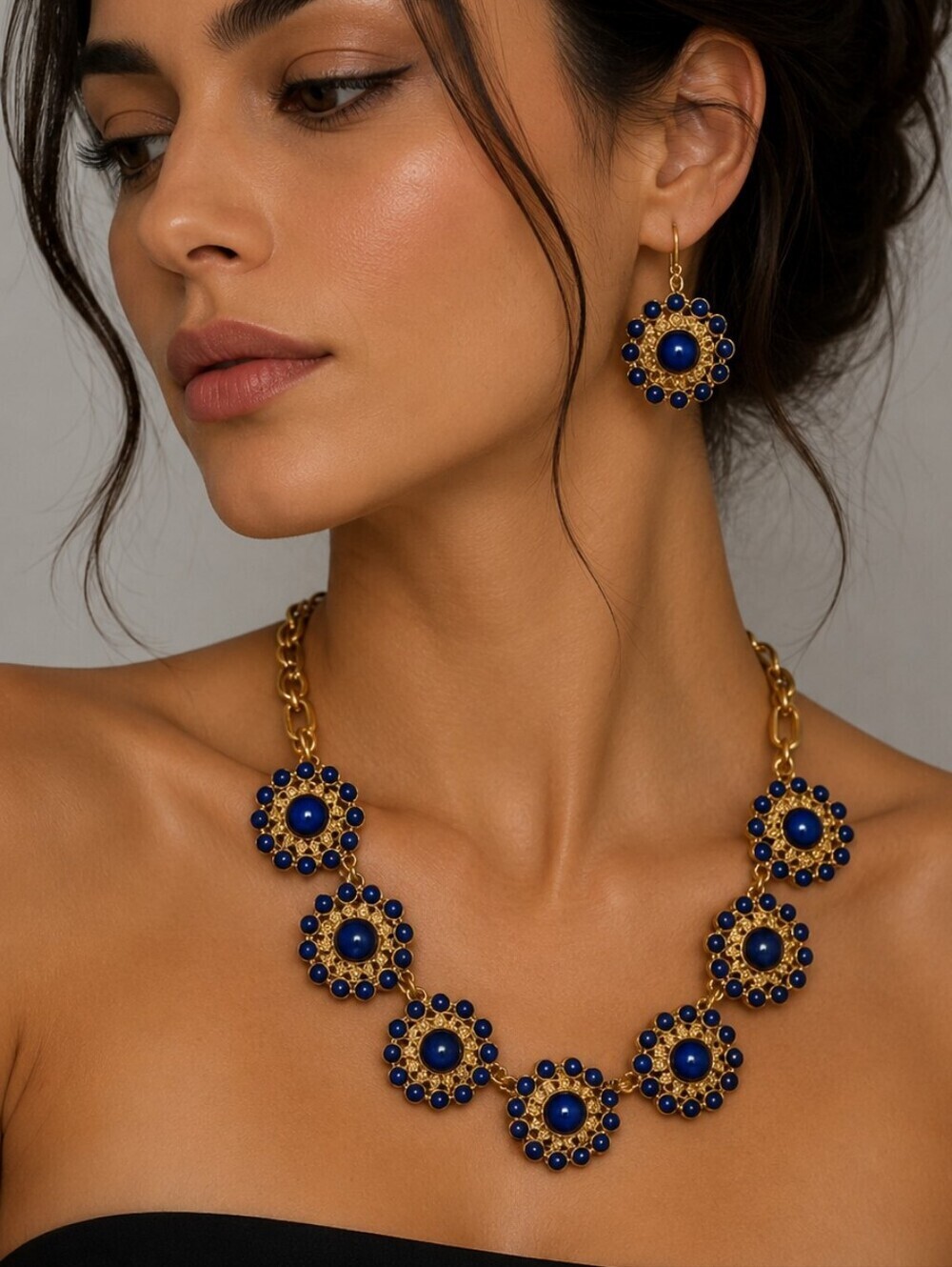 VTG Y2k Royal Blue Floral Chain Necklace Earrings Set